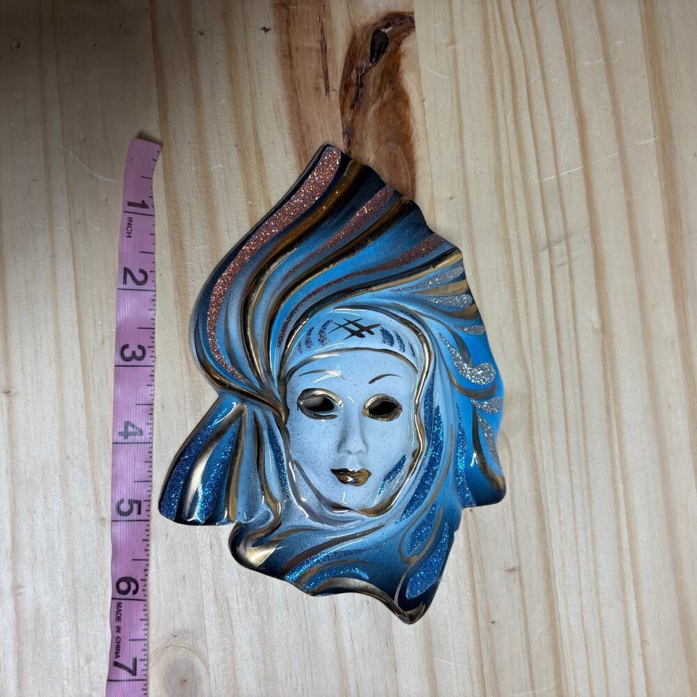 Vintage Womens Decorative Ceramic Mask Mascara Blue Gold 5X6 - Picture 8 of 8